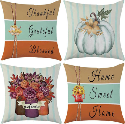 Charming Autumn Pillow Covers Set with thankful, grateful, blessed and home sweet home designs and fall floral pumpkin accents