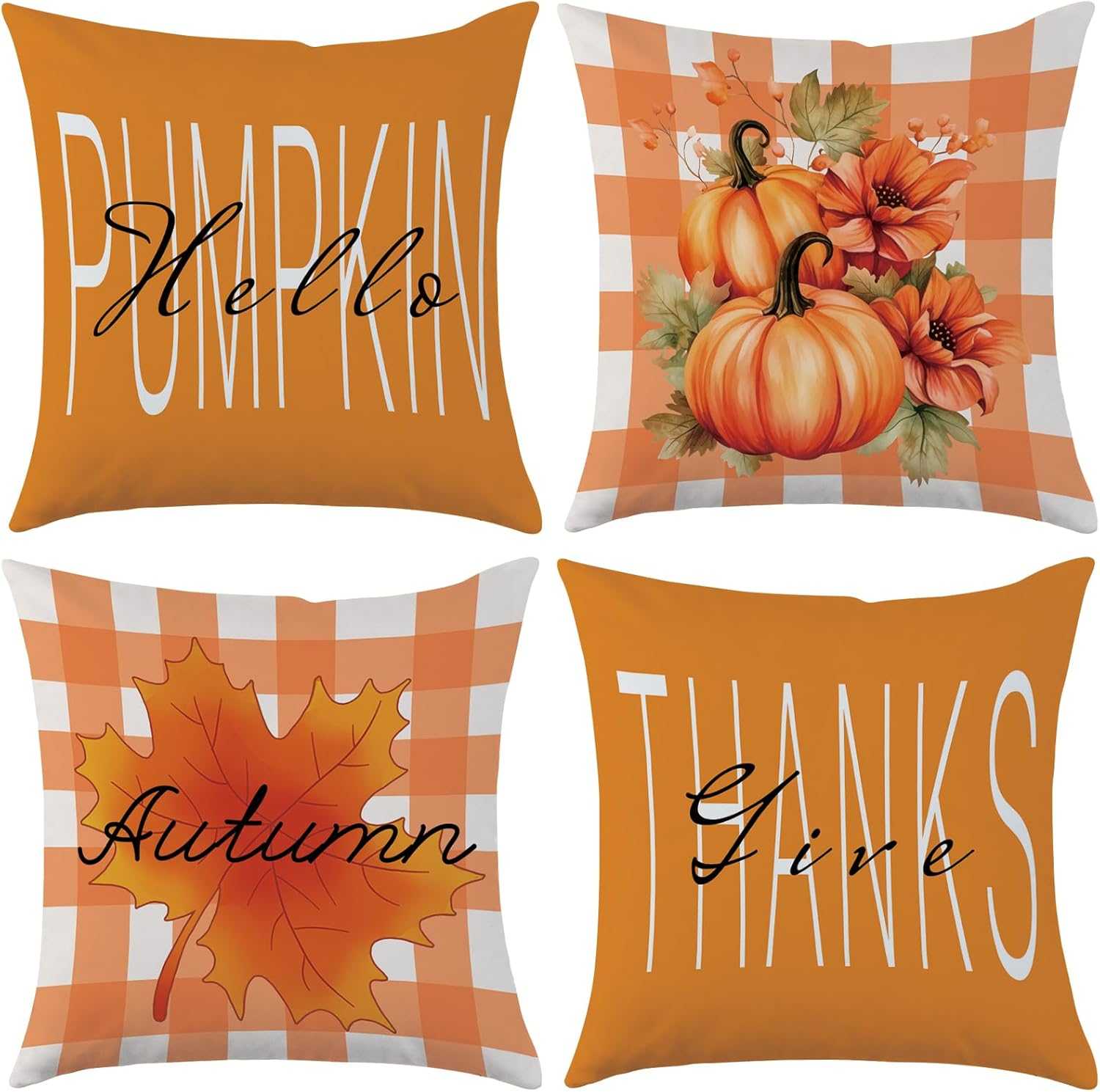 Charming Autumn Pillow Covers Set with pumpkins, fall leaves, and festive greetings for cozy home decor