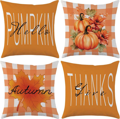 Charming Autumn Pillow Covers Set with pumpkins, fall leaves, and festive greetings for cozy home decor