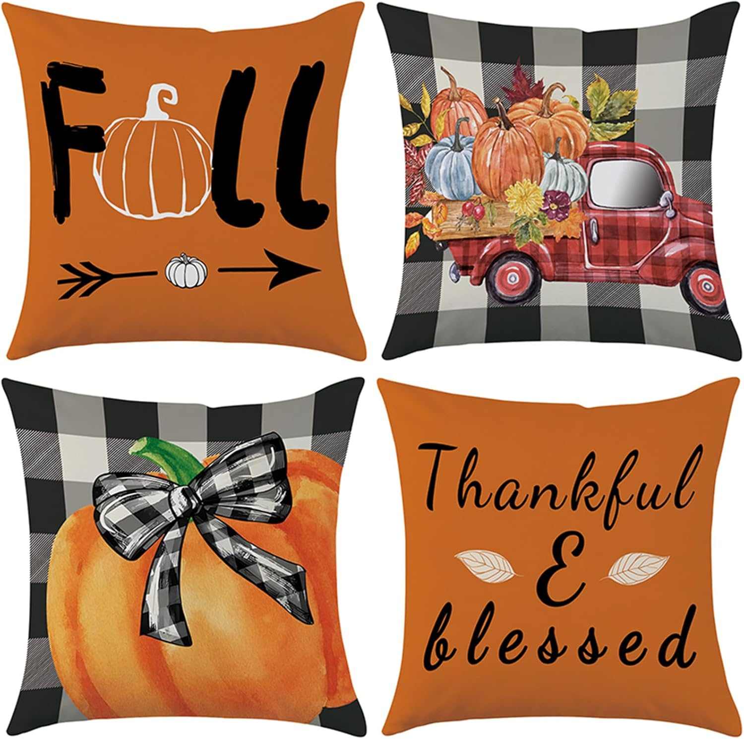 Charming Autumn Pillow Covers Set with fall designs including pumpkins, a red truck, and thankful quote on cozy fabric