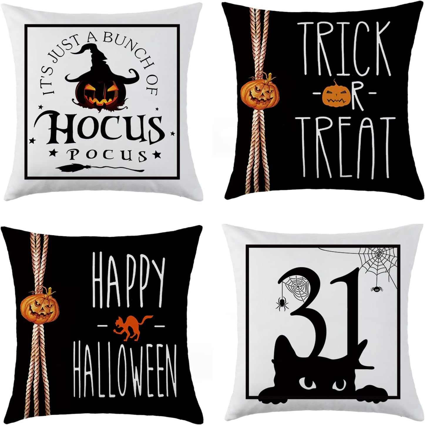Charming Autumn Pillow Covers Set with Halloween designs featuring Hocus Pocus, Trick or Treat, Happy Halloween, and 31 with spooky graphics