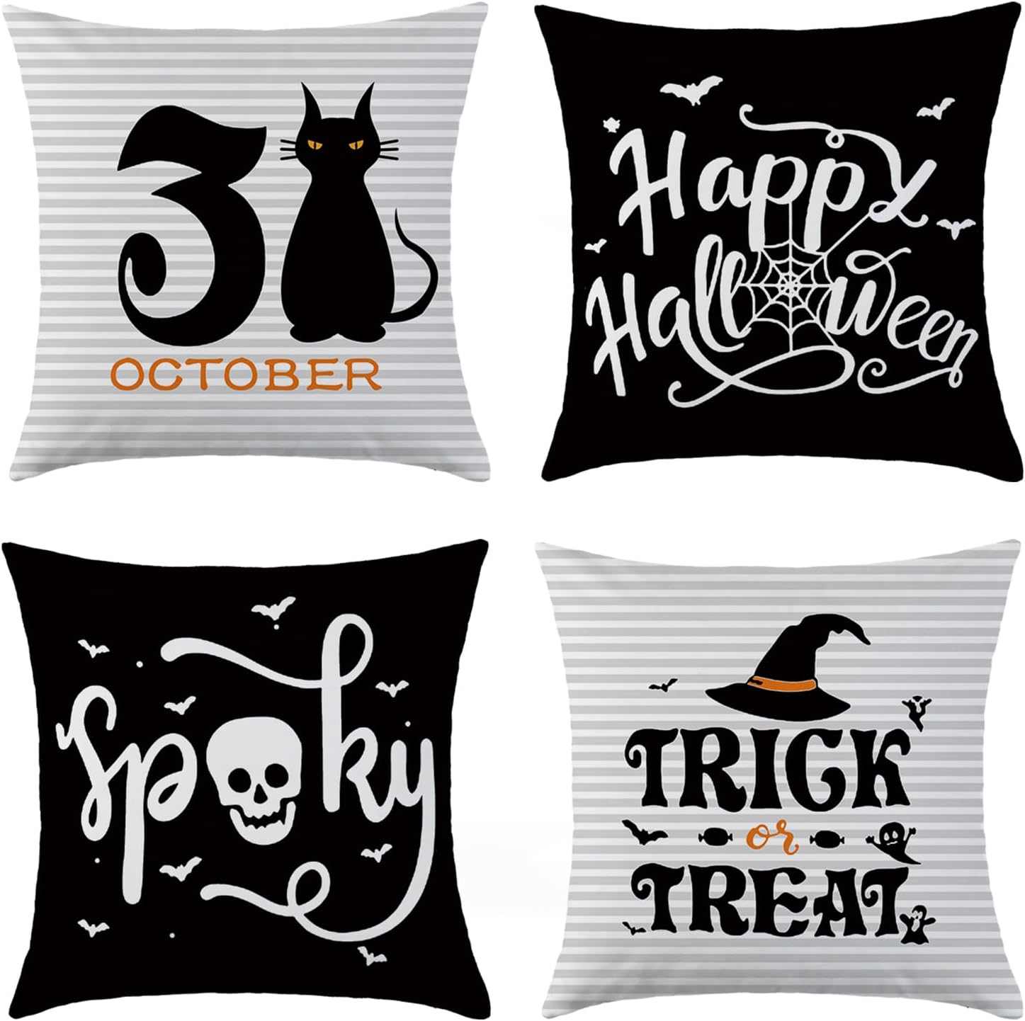 Charming Autumn Pillow Covers Set with Halloween-themed designs including black cat, Happy Halloween, spooky skull, and Trick or Treat text.