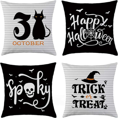 Charming Autumn Pillow Covers Set with Halloween-themed designs including black cat, Happy Halloween, spooky skull, and Trick or Treat text.
