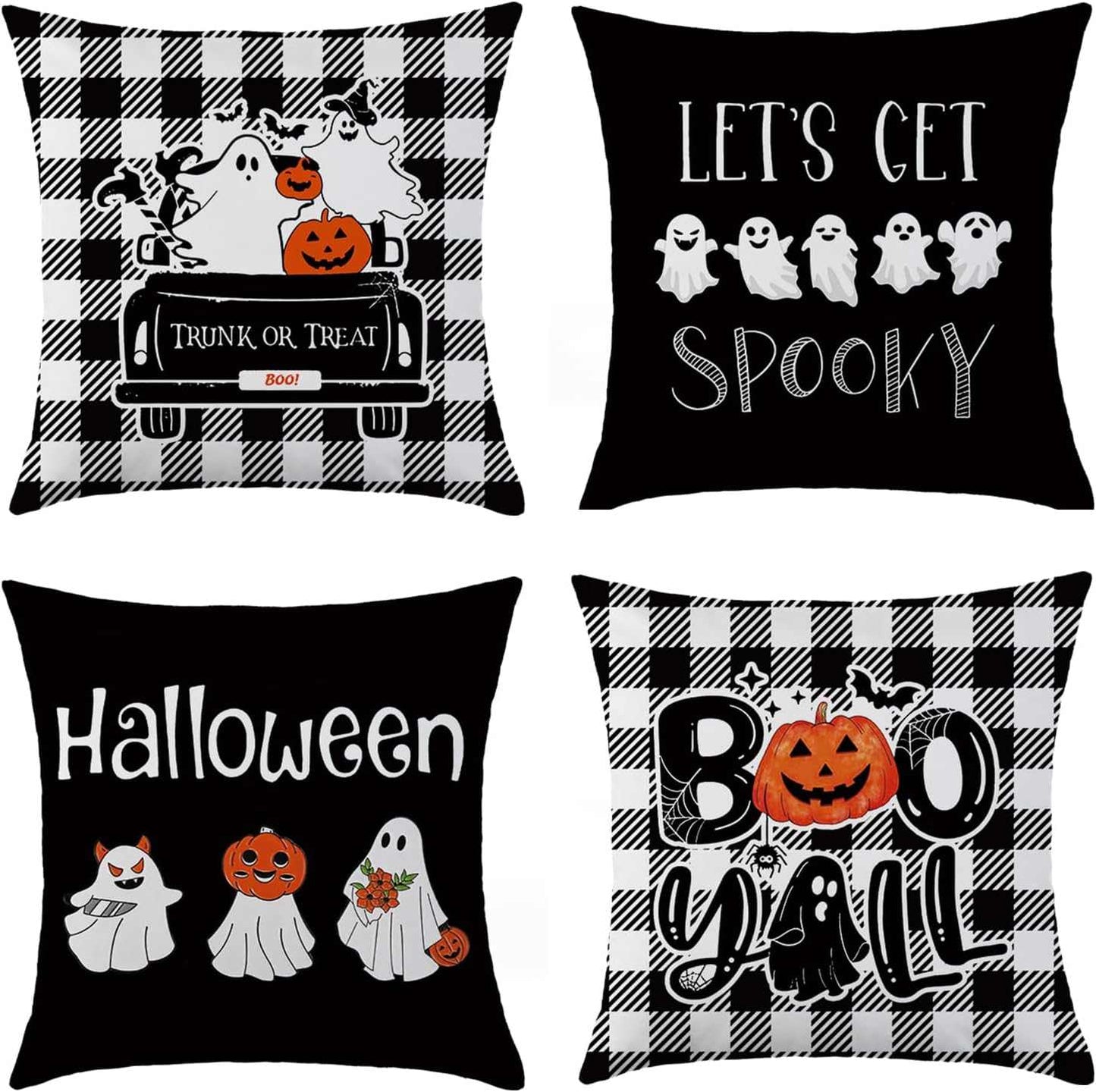 Charming Autumn Pillow Covers Set with Halloween ghosts and pumpkin designs on black and buffalo plaid backgrounds