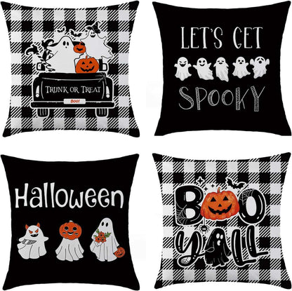 Charming Autumn Pillow Covers Set with Halloween ghosts and pumpkin designs on black and buffalo plaid backgrounds