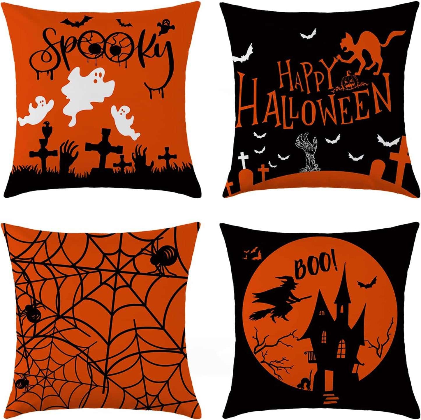 Charming Autumn Pillow Covers Set with Halloween ghosts, cats, spider webs, and haunted house designs
