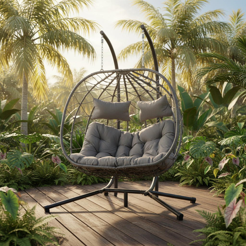 Double Hanging Egg Chair with cushions, ergonomic design for two-person comfort, outdoor or indoor use.