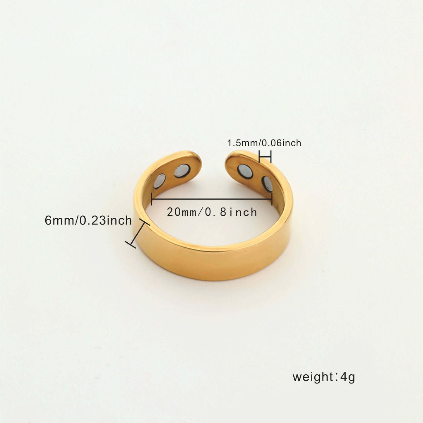 Magnetic Ring for Calm Nights in gold color with measurements including weight adjustability for a comfortable fit.