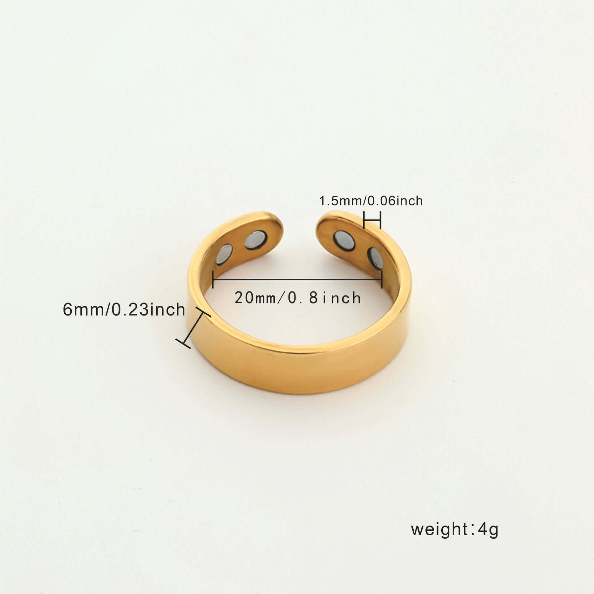 Magnetic Ring for Calm Nights in gold color with measurements including weight adjustability for a comfortable fit.