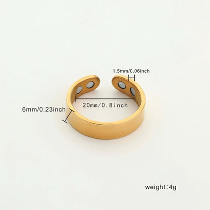 Magnetic Ring for Calm Nights in gold color with measurements including weight adjustability for a comfortable fit.