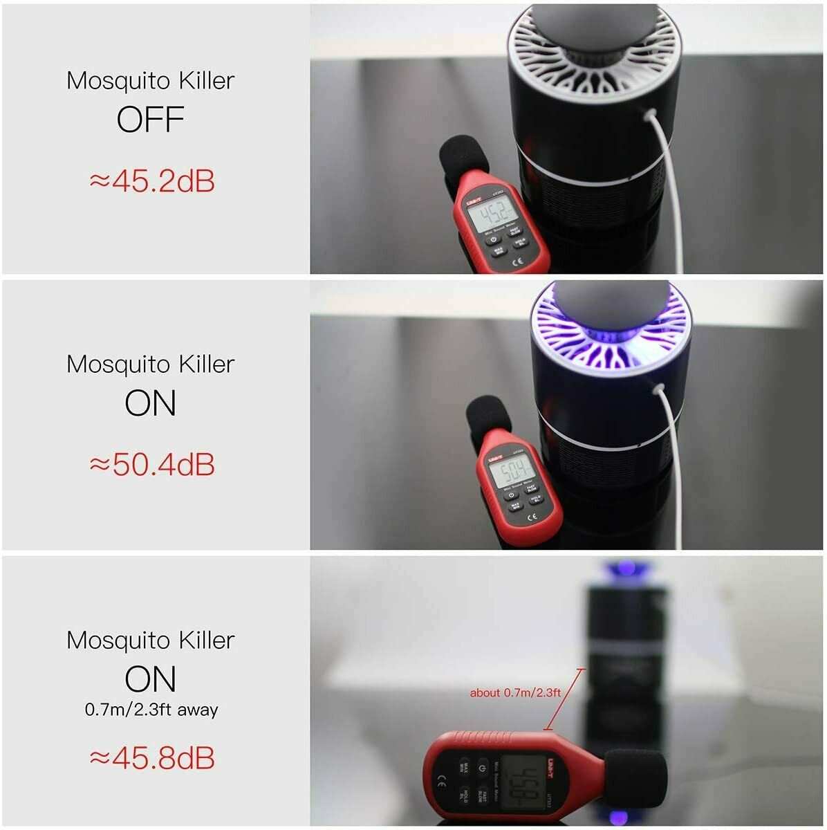 Ultimate UV mosquito zapper lamp USB with LED light and noise level measurements on and off