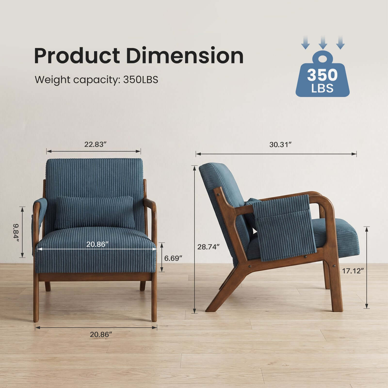 accent armchair dimensions side view with solid wood legs