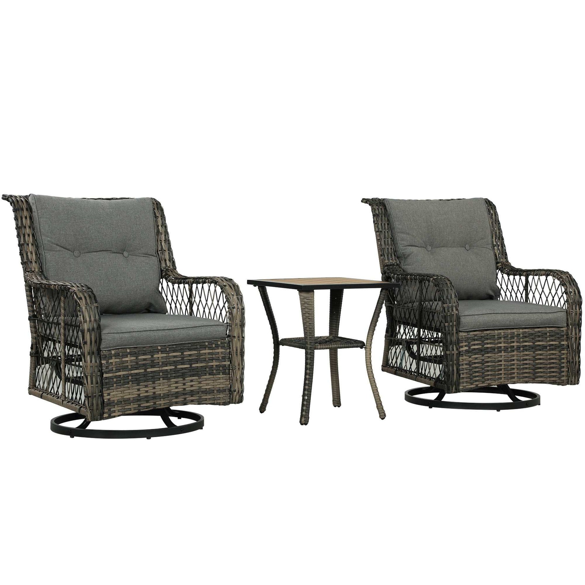Coastal Comfort Wicker Swivel Bistro Set with two gray cushioned swivel chairs and matching two-tier wicker table for outdoor patio or balcony.