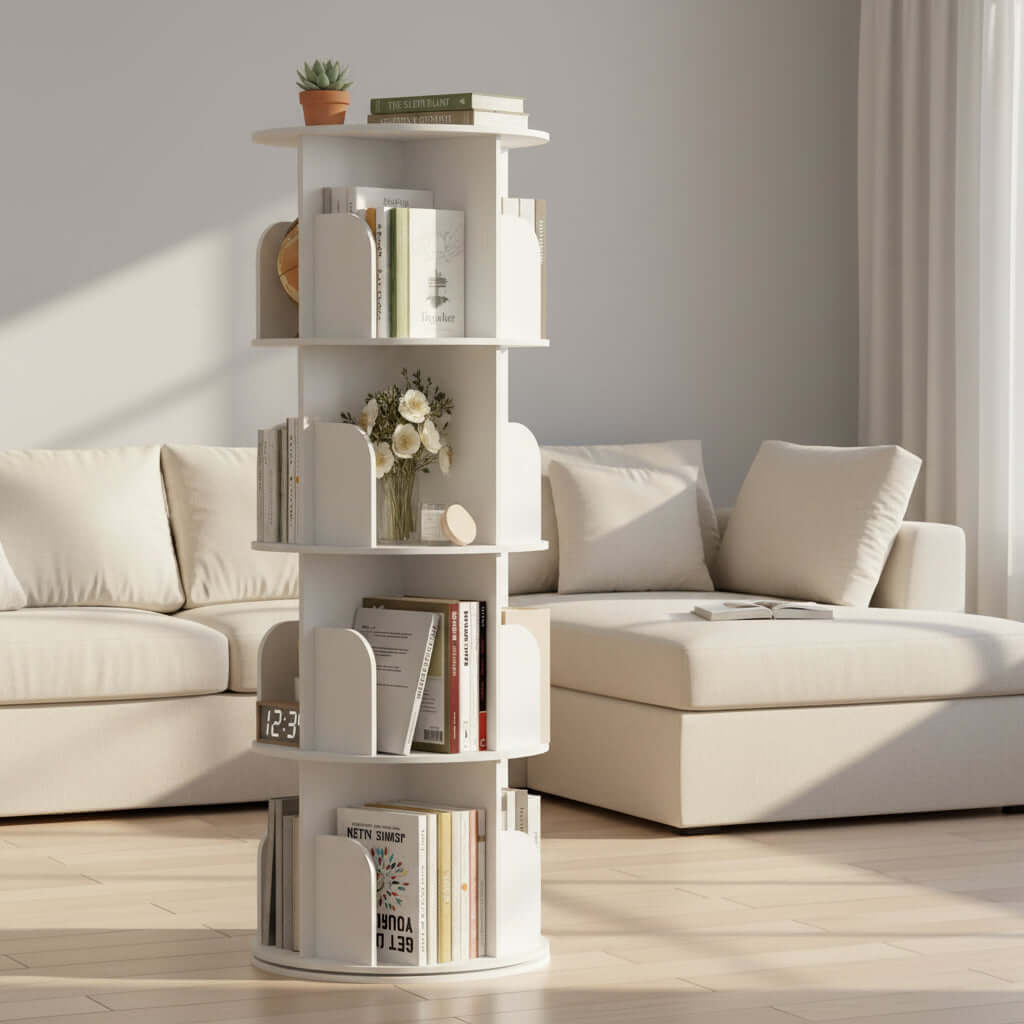 rotating bookshelf spiral tower showing all shelf tiers