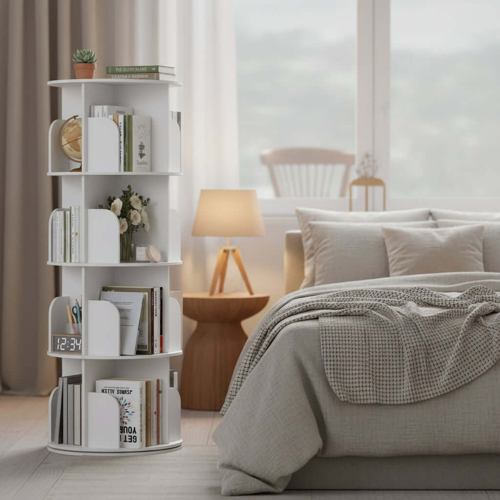 Rotating Bookshelf Tower displaying books in a stylish bedroom setting with natural light.