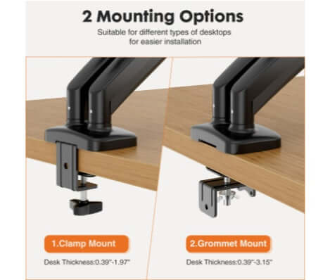 Dual Monitor Stand showing clamp mount and grommet mount options for easy installation on various desktops.