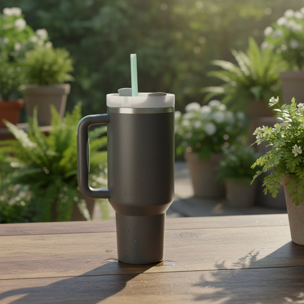 40oz insulated modern tumbler with handle and straw in dark gray and light green accents