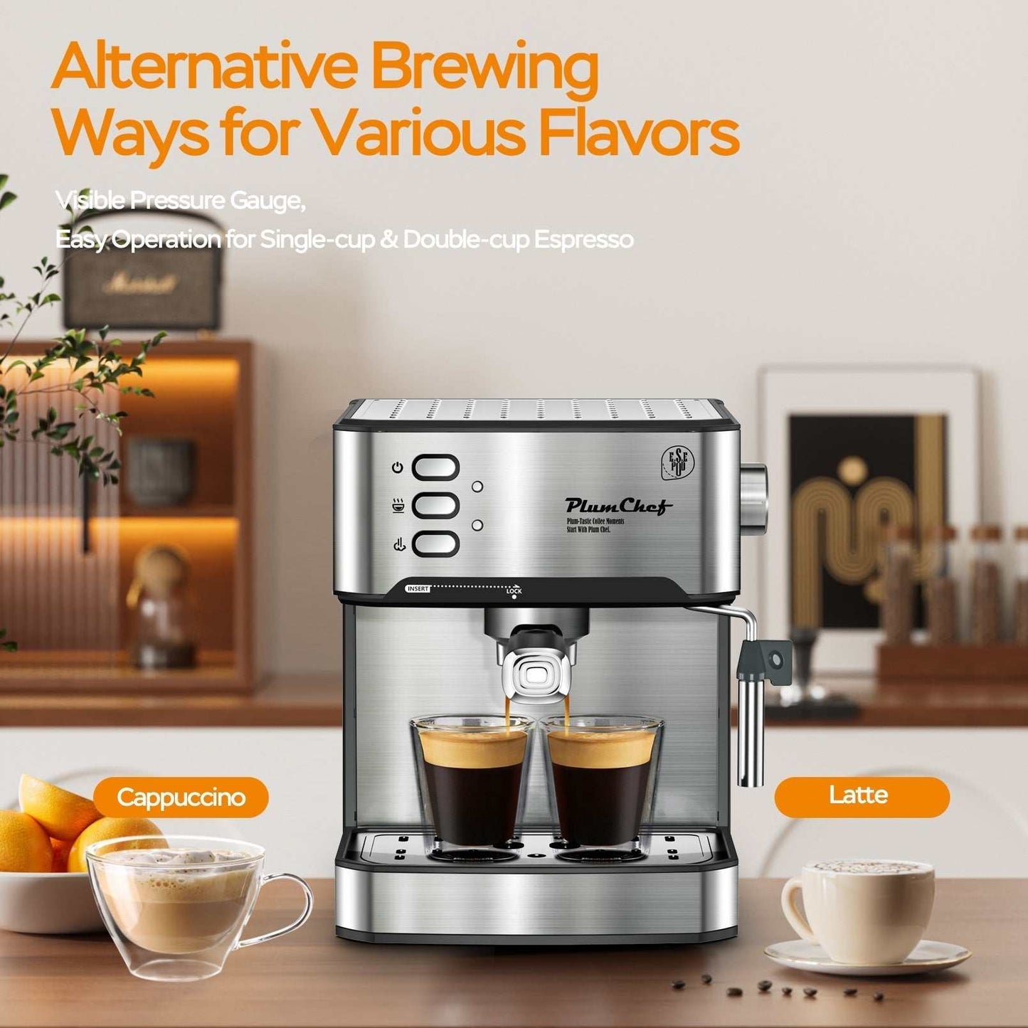 Home Barista Espresso Master stainless steel espresso machine with 20-bar pressure, dual shot brewing, and steam wand for cappuccino and latte.