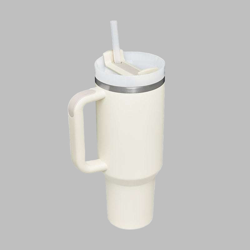 40 oz insulated modern tumbler 40 oz with handle and straw in pastel cream white color