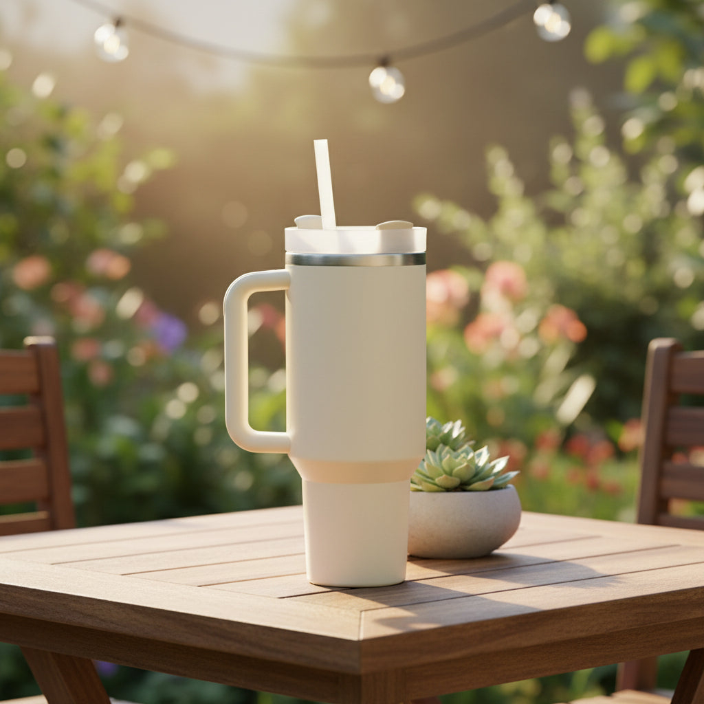 40oz insulated modern tumbler with handle and straw in white, stainless steel double-wall vacuum design