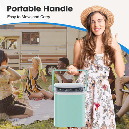 Young woman holding a green QuickChill Portable Ice Maker with a portable handle at outdoor party
