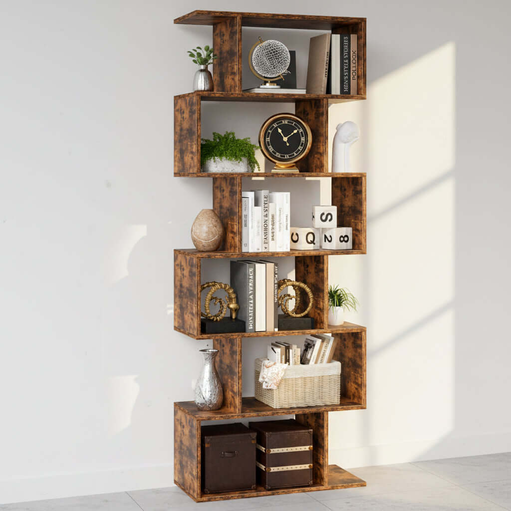 S shaped bookshelf two units side by side used as room divider