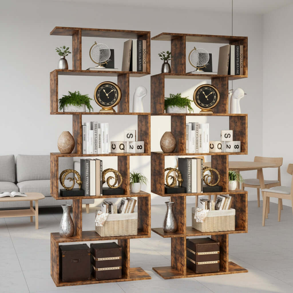 S Shaped Bookshelf 5 Tier in a modern living room, featuring geometric design and decorative items.