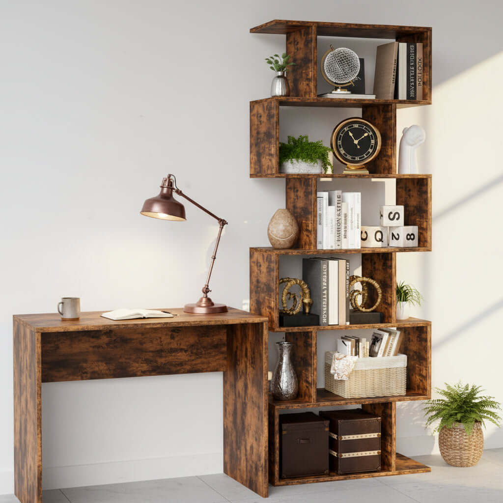 S Shaped Bookshelf 5 Tier design showcased in a stylish workspace with desk and lamp.