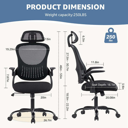 Ergonomic office chair with tall mesh back, adjustable headrest, flip-up arms, and smooth casters for all-day comfort