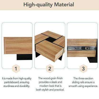 Smart storage coffee table with wood-grain finish, three-section sliding rails, and durable high-quality particleboard.