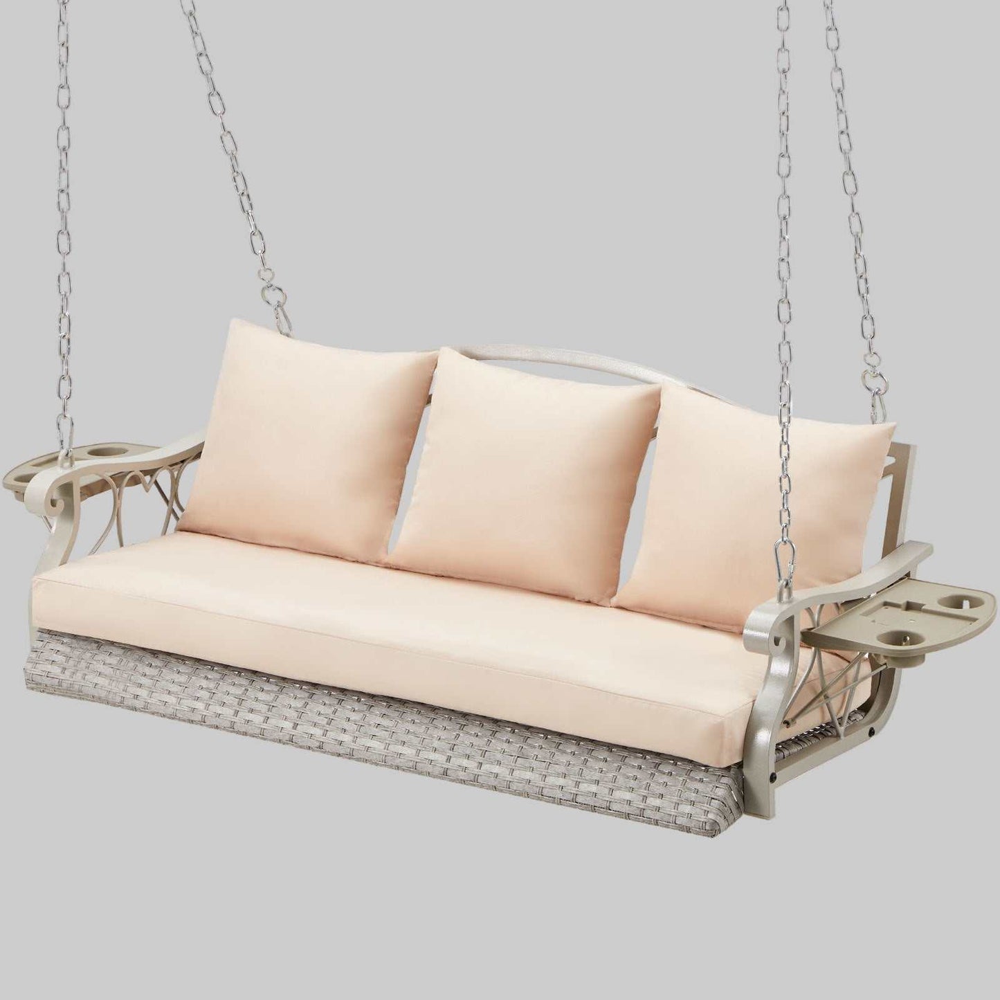 Porch Comfort Swing Basket with beige cushions, gray rattan, metal frame, fold-up side tables, and extended chains for outdoor use