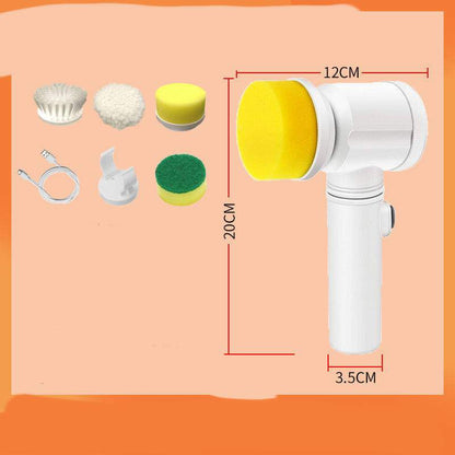 Electric kitchen scrubber brush with multiple removable brush heads and charging cable, compact white design with yellow sponge head, measuring 20cm by 12cm.