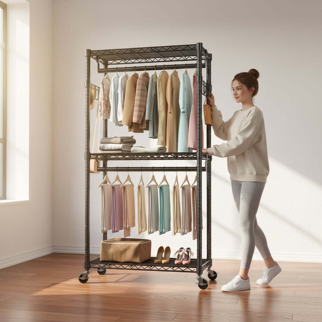 clothes rack with wheels white double rod rolling garment rack side view