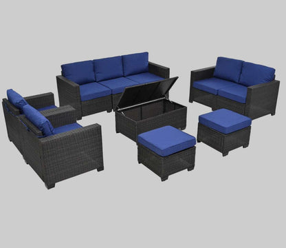 Cozy Outdoor Patio Set 10 piece modular seating with dark wicker and blue cushions including sofa, chairs, ottomans, and coffee table with storage.