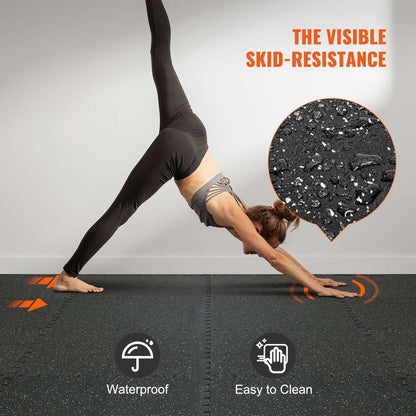 Woman doing yoga on waterproof, skid-resistant black gym floor mats easy to clean for home workouts