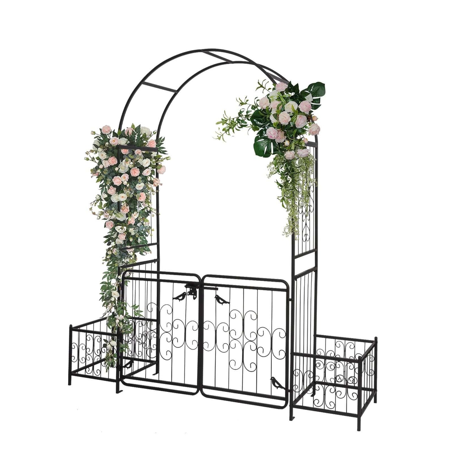 garden arch powder-coated black iron frame close-up corner detail