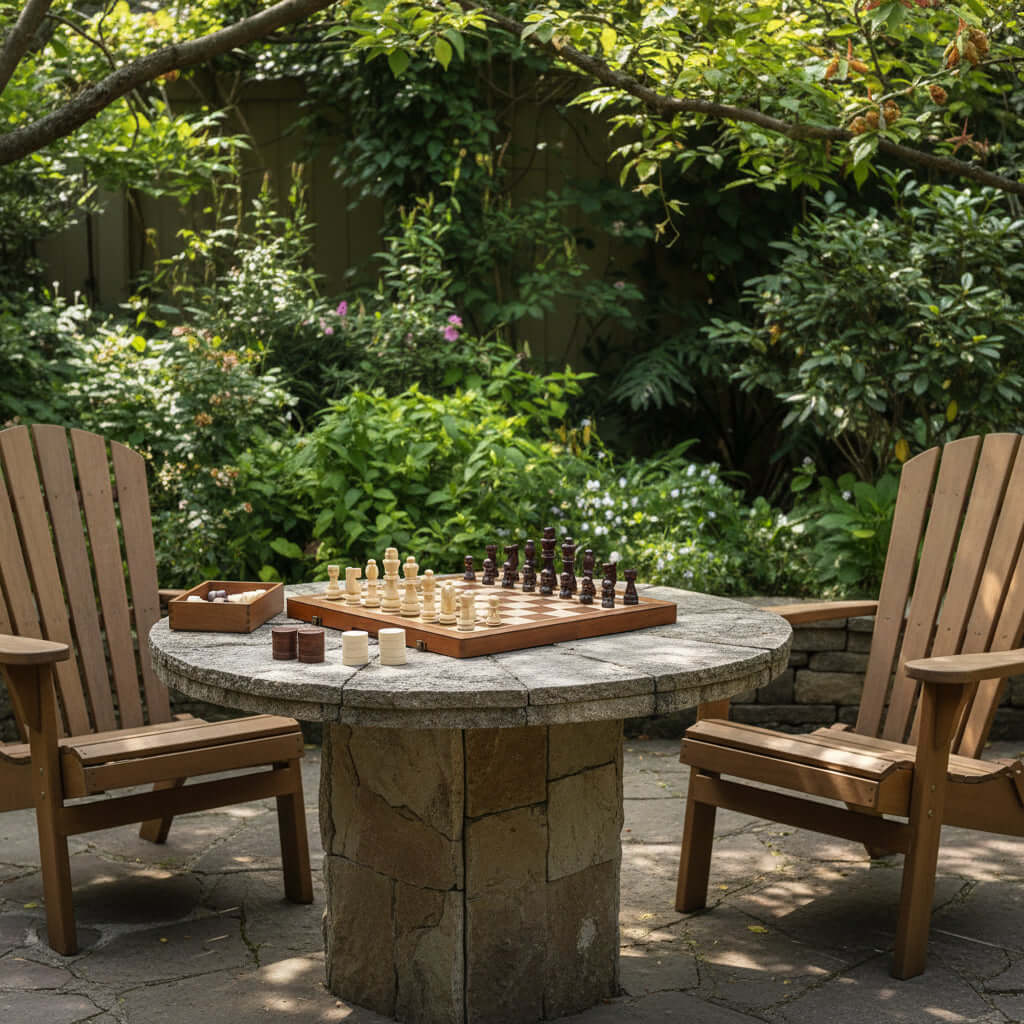 Magnetic Chess and Checkers Set displayed on a stone table in a garden, surrounded by green plants and wooden chairs.