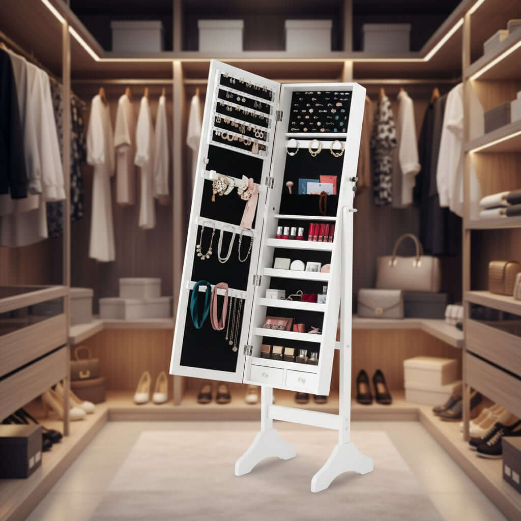 jewelry organizer mirror cabinet white with lockable door and adjustable mirror