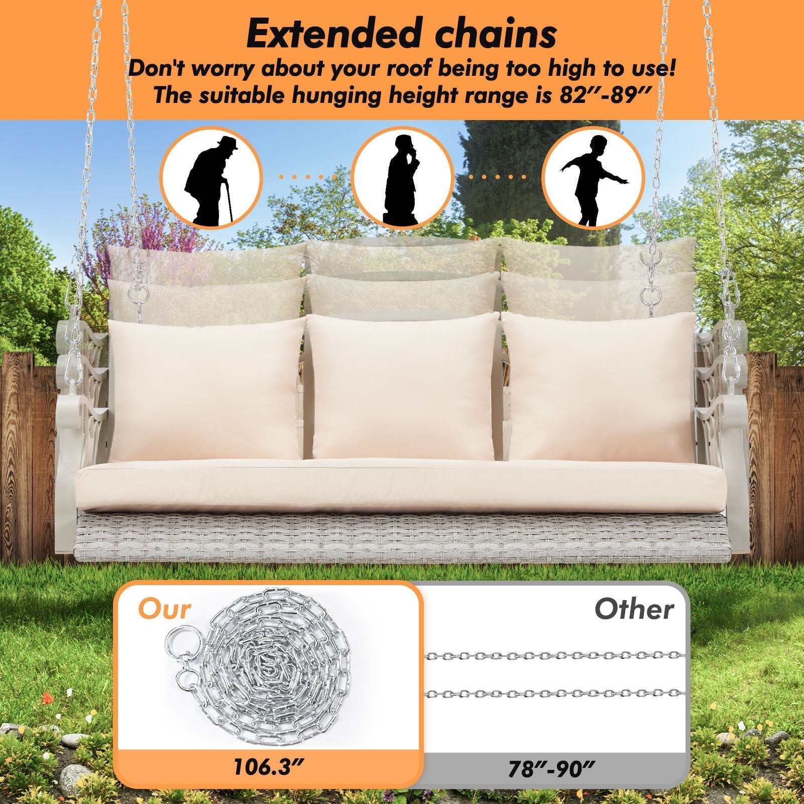 Porch Comfort Swing Basket with beige cushions, gray rattan, metal frame, fold-up side tables, and extended chains for outdoor use