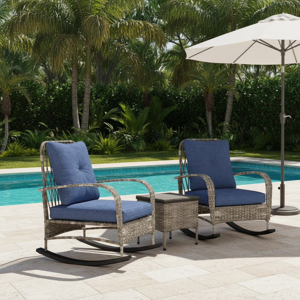 Stylish Rattan Chaise Lounge Chair with blue cushions and matching side table on a patio.