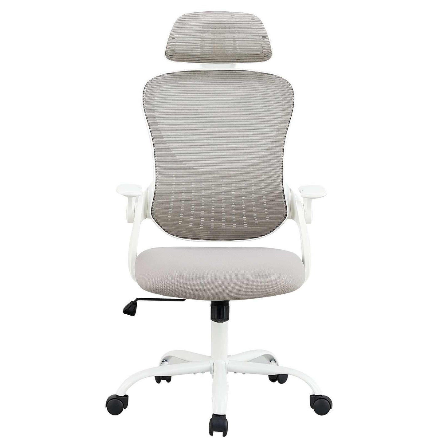 Ergonomic office chair with tall mesh back, adjustable headrest, flip-up arms, and smooth casters for all-day comfort
