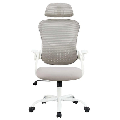 Ergonomic office chair with tall mesh back, adjustable headrest, flip-up arms, and smooth casters for all-day comfort