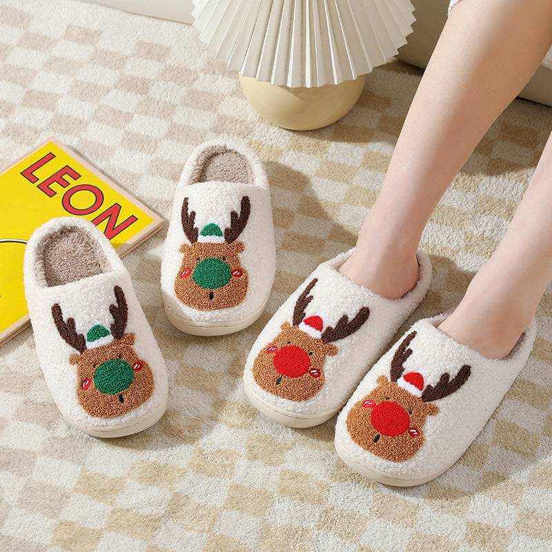 Cozy Elk Winter Home Slippers with plush lining and elk motif, anti-slip sole, unisex slip-on design