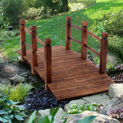 wooden garden bridge side profile showing arch curve and fir wood grain