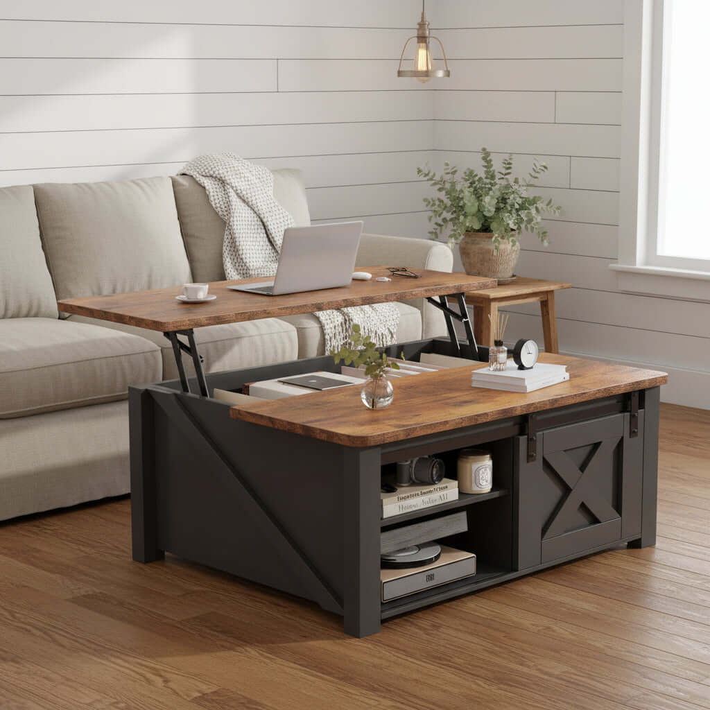 lift top coffee table black raised position with laptop on top