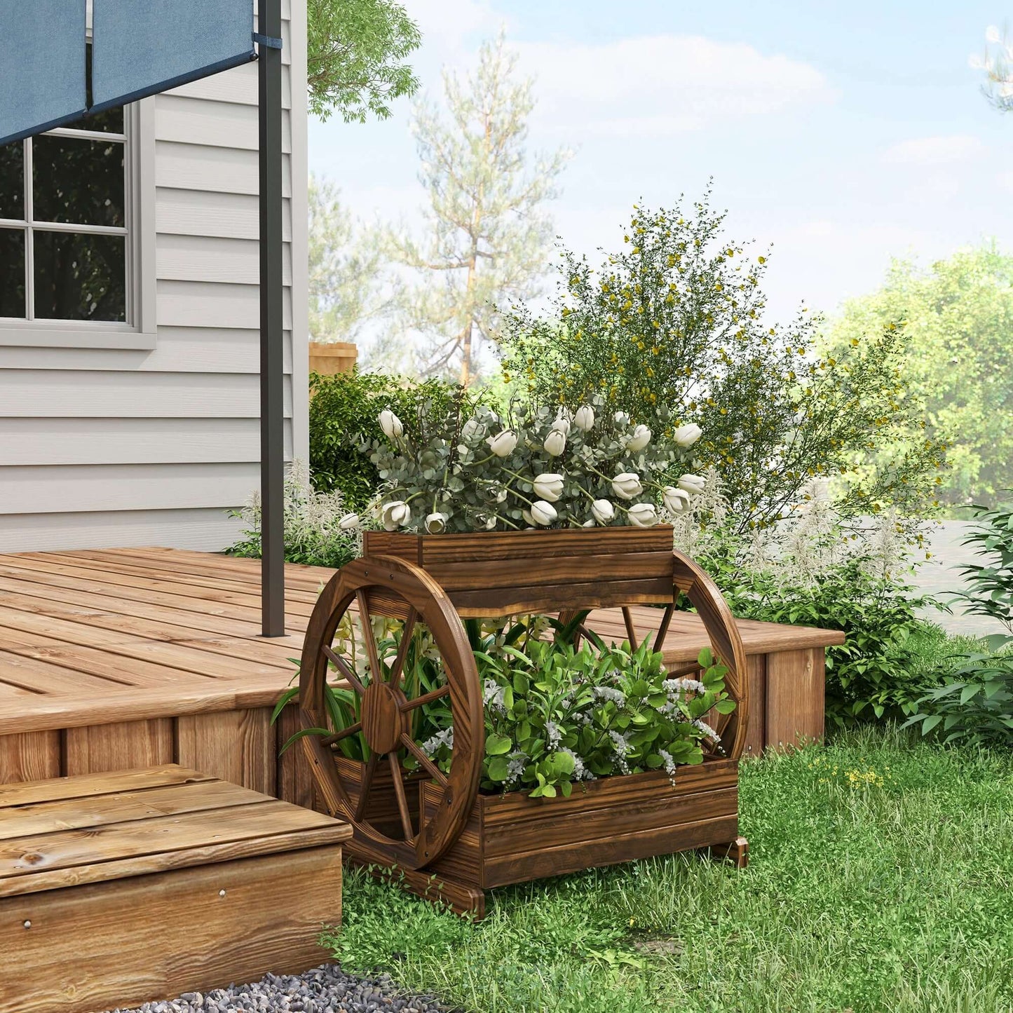 wooden wagon planter box three tiers vegetables herbs flowers