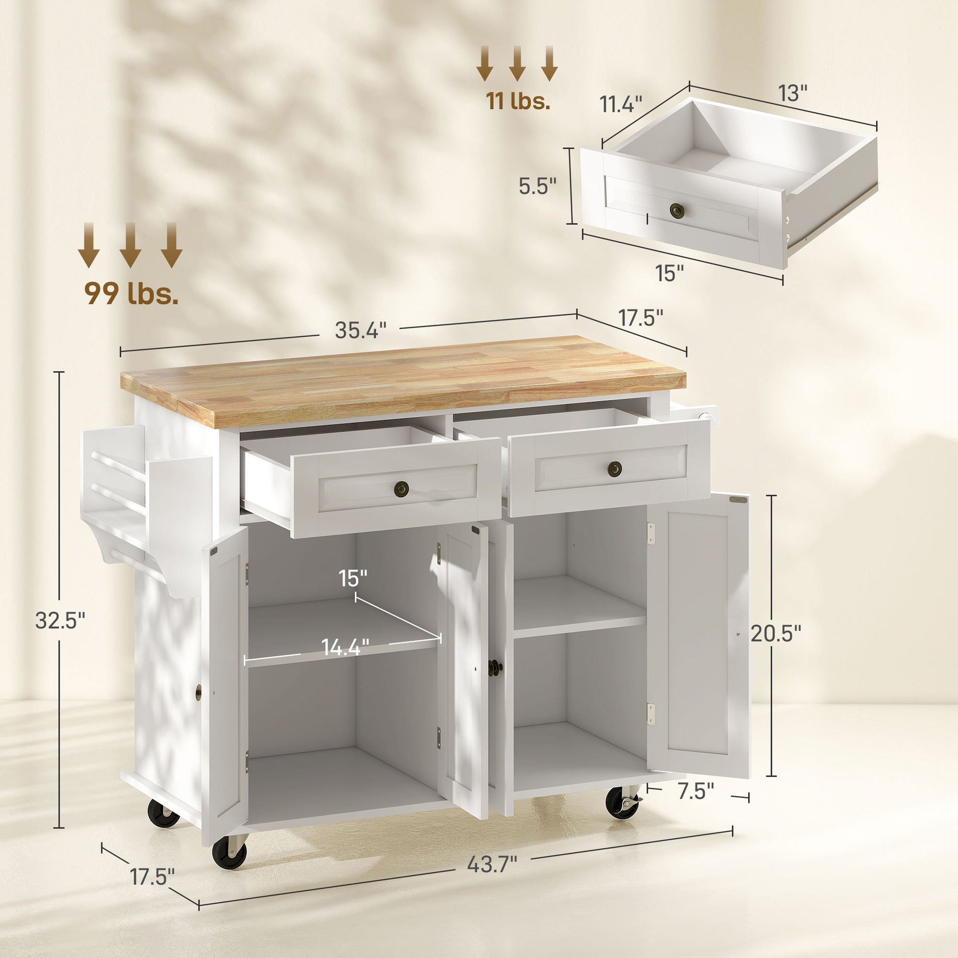 kitchen island cart drawer open showing smooth glide hardware