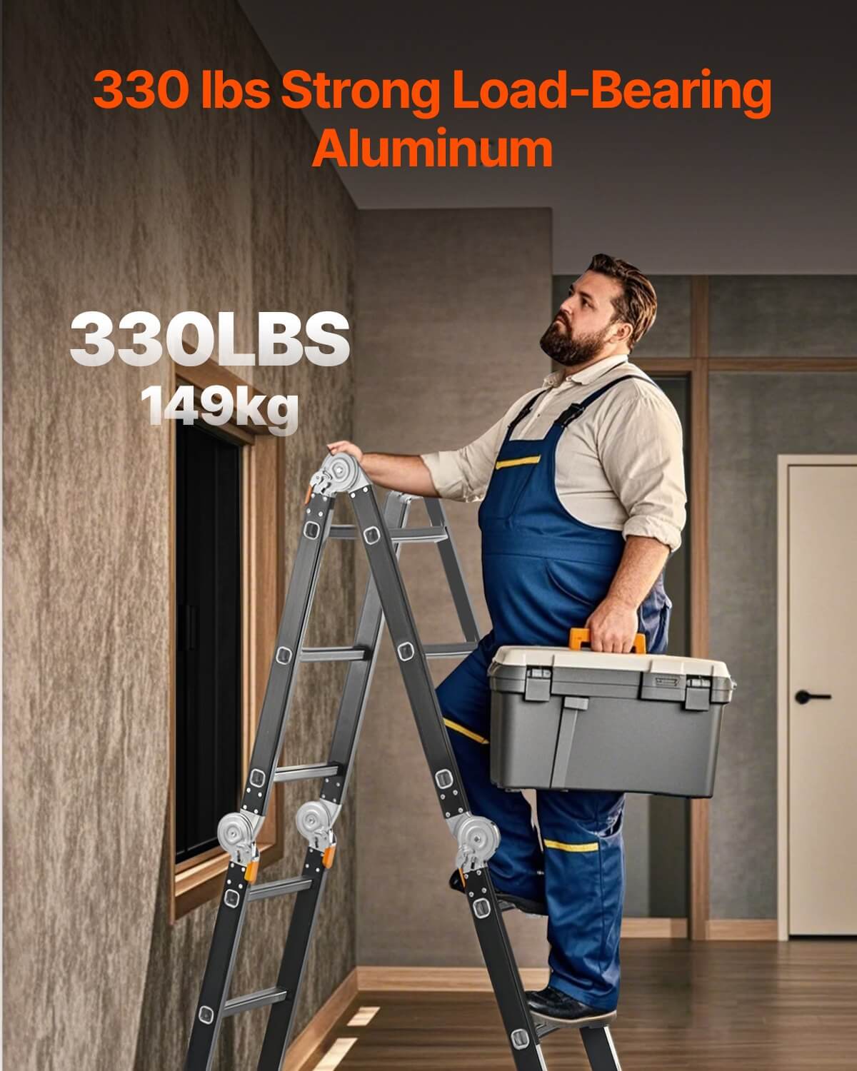 A man on a heavy-duty folding ladder designed for a 330 lbs load, working on a home renovation.