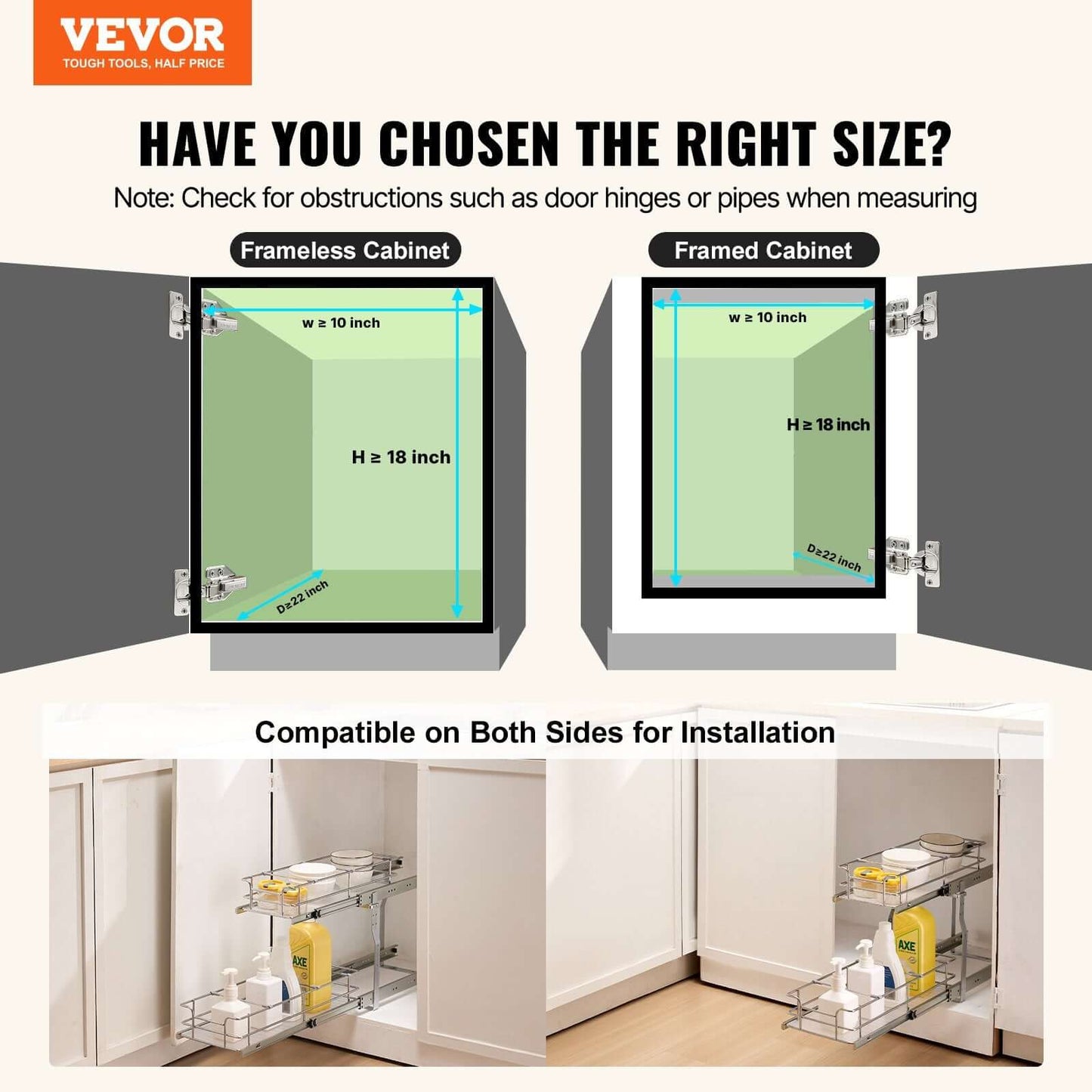 Image showing measurement guides for frameless and framed cabinets for the Pull Out Under Sink Organizer.