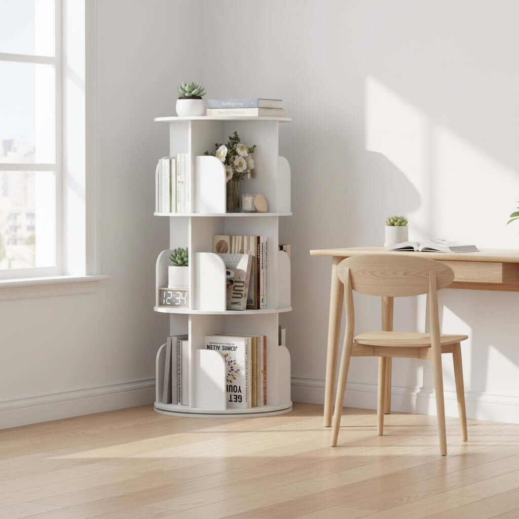 Rotating Bookshelf Tower showcasing 360° full rotation with easy access to books in a stylish home office setting.